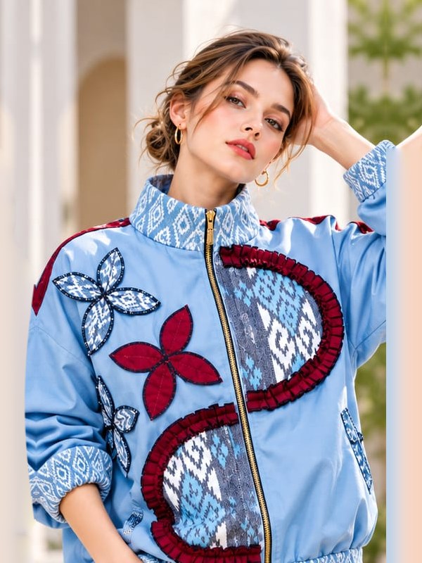 Jaket Oversize Etnik Biru Muda Bunga