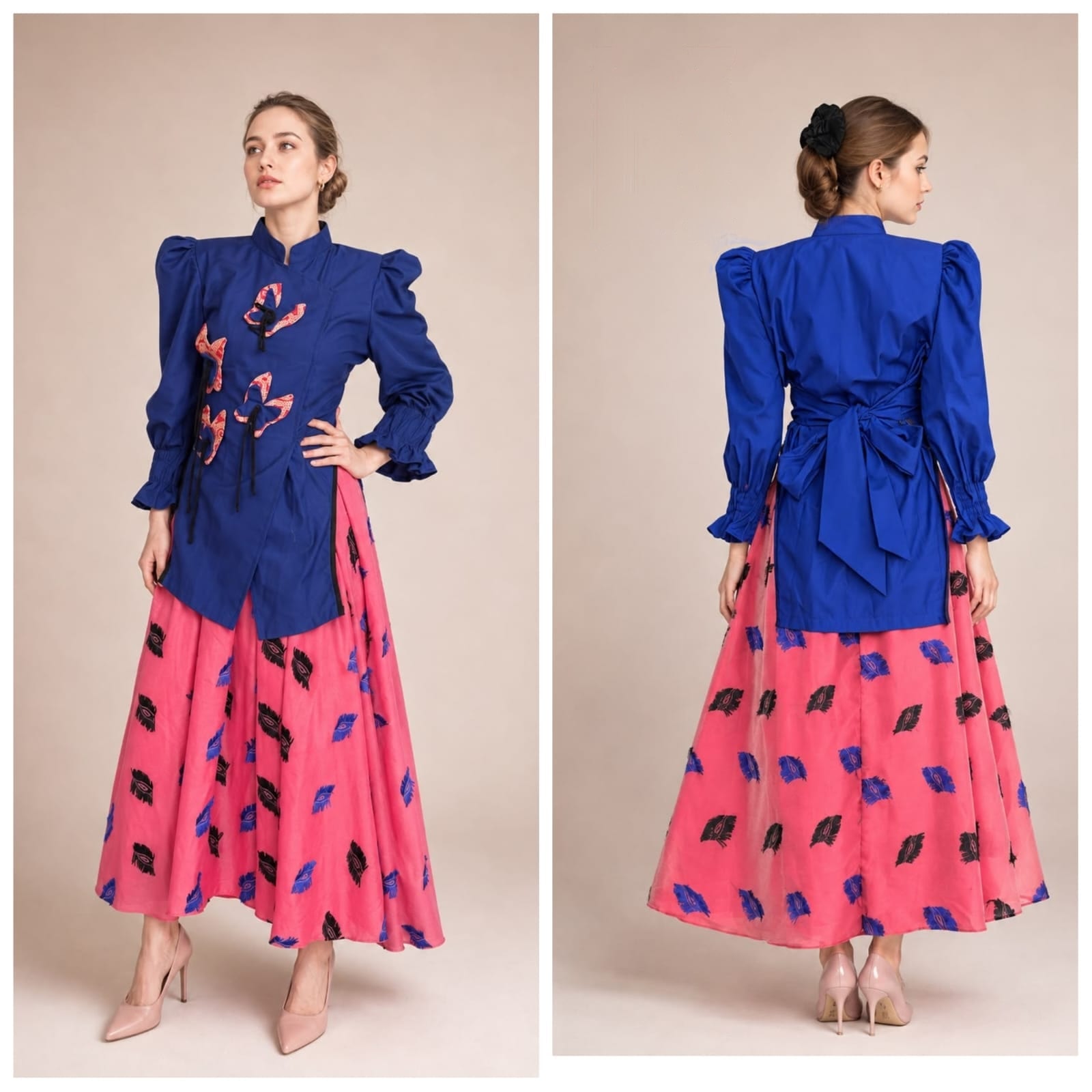 Set Blouse Biru Rok Pink