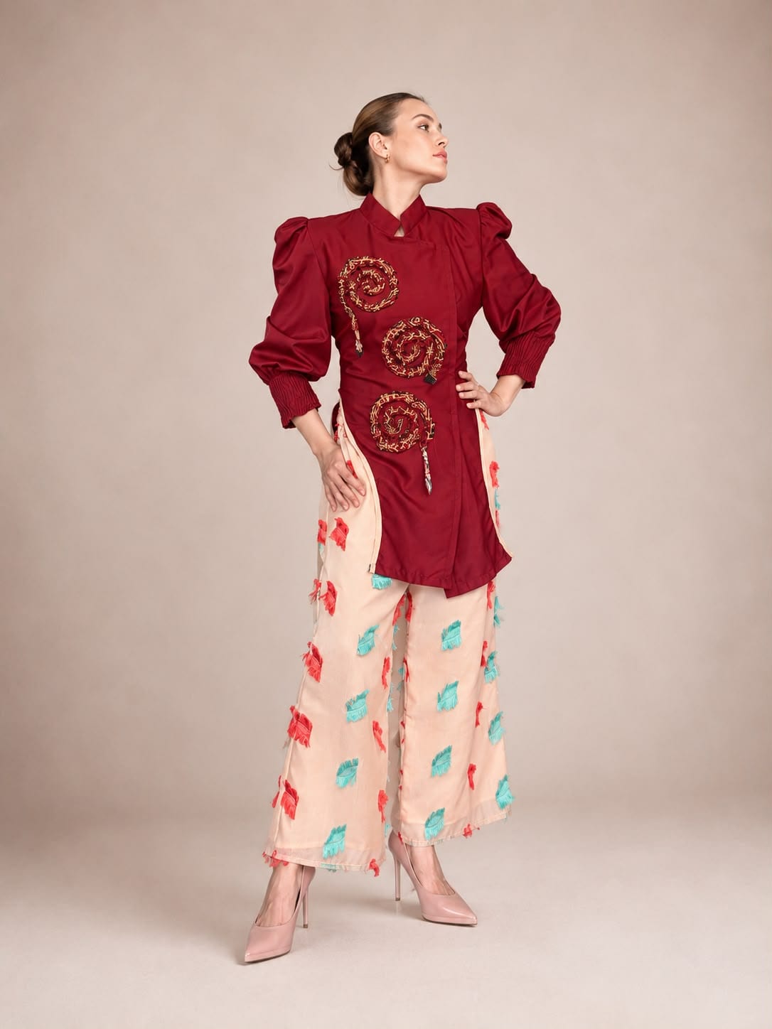 Set Blouse Maron Celana Krem