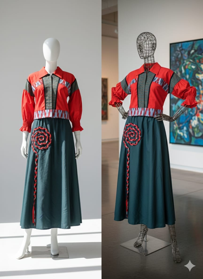 Set Blouse Merah Rok Hijau Spiral