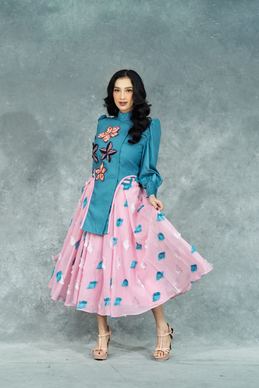 Set Blouse Teal Rok Tile Pink